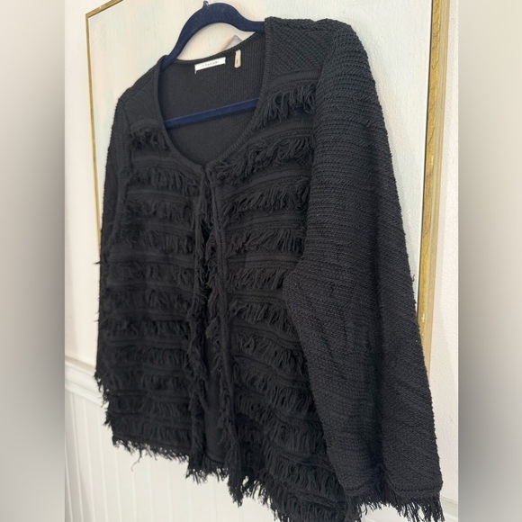 T TAHARI Black Fringe Front Cardigan Open Front Sweater Size Large - Picture 3 of 7